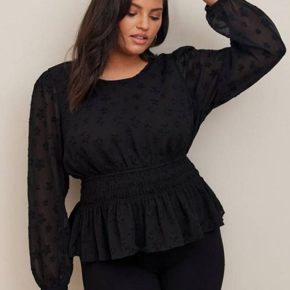 torrid Tops - Torrid 3X 22-24 Star Crinkle Chiffon Smocked Waist Puff Sleeve Top, Black